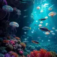 An underwater alien world with bioluminescent coral reefs, shimmering jellyfish forests, strange and beautiful fish with iridescent scales, shafts of sunlight filtering through the water, vibrant and colorful, photorealistic, National Geographic photography