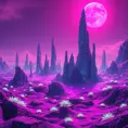 A surreal alien landscape bathed in the magenta glow of a binary sun, towering crystalline formations jutting out of a vibrant purple ocean, exotic bioluminescent flora dotting the landscape, No Man's Sky inspired, vibrant colors, sense of wonder