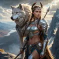 A powerful Wild Hunt warrior queen, wielding a glowing spear, her face framed by braids adorned with feathers and bones, standing atop a windswept mountain, her loyal wolf companion by her side, epic fantasy, dramatic lighting, detailed armor