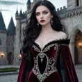 A stunningly beautiful vampire queen with piercing emerald eyes, porcelain skin, and long flowing black hair, adorned in a gothic burgundy velvet gown, standing in a castle courtyard bathed in moonlight, intricate details, hyperrealistic, sharp focus