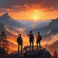 Two figures silhouetted against a fiery sunset, standing on a rocky cliff overlooking a vast valley, their walkie-talkies crackling with static, the scent of pine and smoke filling the air, Firewatch inspired, emotional, story-driven