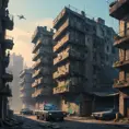 A dilapidated apartment complex in a futuristic slum, crumbling concrete structures stacked precariously, flickering neon signs cast long shadows, flying police spinners patrol a hazy sky, gritty realism, dystopian decay, Blade Runner inspired