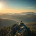 A lone fire lookout tower perched atop a rugged mountain peak, surrounded by a sea of vibrant green pine forest, the warm afternoon sun casting long shadows across the landscape, Firewatch art style, serene and melancholic