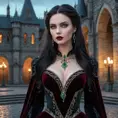 A stunningly beautiful vampire queen with piercing emerald eyes, porcelain skin, and long flowing black hair, adorned in a gothic burgundy velvet gown, standing in a castle courtyard bathed in moonlight, intricate details, hyperrealistic, sharp focus