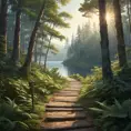 A winding dirt path disappearing into a dense forest, sunlight filtering through the canopy, a weathered wooden signpost pointing towards a distant lake, Firewatch color palette, peaceful and inviting, sense of mystery