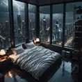 Moody aesthetic, beautiful cozy, cramped bedroom with floor to ceiling glass windows overlooking a cyberpunk city at night, view from top of skyscraper, white bedsheets, bookshelves, thunderstorm outside with torrential rain