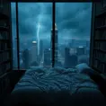 Moody aesthetic, beautiful cozy, cramped bedroom with floor to ceiling glass windows overlooking a cyberpunk city at night, view from top of skyscraper, white bedsheets, bookshelves, thunderstorm outside with torrential rain