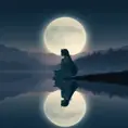 A serene image of Princess Mononoke sitting cross-legged by a serene lake, her reflection mirrored in the still water, with the silhouette of a majestic wolf at her side.