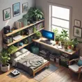 isometric render, messy nostalgic bedroom with a gaming pc, windows, plants bookshelves, desk