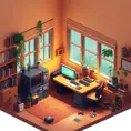 isometric render, messy nostalgic bedroom with a gaming pc, windows, plants bookshelves, desk