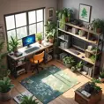 isometric render, messy nostalgic bedroom with a gaming pc, windows, plants bookshelves, desk