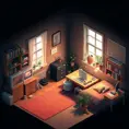 isometric render, messy nostalgic bedroom with a gaming pc, windows, plants bookshelves, desk