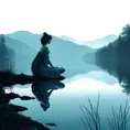 A serene image of Princess Mononoke sitting cross-legged by a serene lake, her reflection mirrored in the still water, with the silhouette of a majestic wolf at her side.