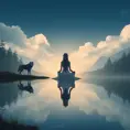 A serene image of Princess Mononoke sitting cross-legged by a serene lake, her reflection mirrored in the still water, with the silhouette of a majestic wolf at her side.