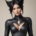 Ahri, sporting bold, demonic-style tattoos that trace the contours of her face and neck, wearing a sleek, leather bodysuit