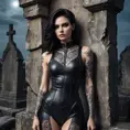 Morgana, sporting bold, demonic-style tattoos that trace the contours of her face and neck, wearing a sleek, leather bodysuit, leaning against a crumbling, ancient stone wall in a desolate, moonlit graveyard.