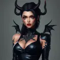 Ahri, sporting bold, demonic-style tattoos that trace the contours of her face and neck, wearing a sleek, leather bodysuit