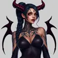 Ahri, sporting bold, demonic-style tattoos that trace the contours of her face and neck, wearing a sleek, leather bodysuit