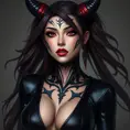 Ahri, sporting bold, demonic-style tattoos that trace the contours of her face and neck, wearing a sleek, leather bodysuit