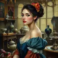 An embodiment of renaissance beauty, painted with colors that blend the Renaissance era's elegance and modern artistry, her expression one of thoughtful contemplation amidst an ornate studio filled with artifacts of the past.