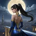 Bayonetta, ethereal and graceful, bathed in moonlight, her hair cascading down her back, a shimmering halo around her head, standing on a moonlit rooftop overlooking a sprawling cityscape, soft, dreamlike lighting, highly detailed, intricate