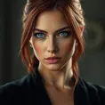 A close-up portrait of Natasha Romanoff, Black Widow, with a soft, melancholic expression. Her red hair is pulled back, revealing her strong features and piercing blue eyes. She wears a simple black dress, highlighting her vulnerability and inner strength. The lighting is soft and intimate, creating a sense of mystery and intrigue.