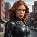 Natasha Romanoff, Black Widow, in a dramatic pose, her red hair flowing, eyes sharp and focused. She wears a sleek, black leather suit with a red accent, highlighting her strength and agility. The background is a gritty urban landscape, reflecting her past and present.