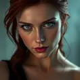 A close-up portrait of Natasha Romanoff, Black Widow, with a soft, melancholic expression. Her red hair is pulled back, revealing her strong features and piercing blue eyes. She wears a simple black dress, highlighting her vulnerability and inner strength. The lighting is soft and intimate, creating a sense of mystery and intrigue.