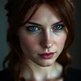 A close-up portrait of Natasha Romanoff, Black Widow, with a soft, melancholic expression. Her red hair is pulled back, revealing her strong features and piercing blue eyes. She wears a simple black dress, highlighting her vulnerability and inner strength. The lighting is soft and intimate, creating a sense of mystery and intrigue.