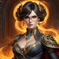 A hyperrealistic portrait of Bayonetta, her eyes glowing with power, standing triumphantly amidst a fiery inferno, her hair flowing like molten lava, intricate details of her outfit, cinematic lighting, in the style of Alphonse Mucha