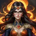 A hyperrealistic portrait of Bayonetta, her eyes glowing with power, standing triumphantly amidst a fiery inferno, her hair flowing like molten lava, intricate details of her outfit, cinematic lighting, in the style of Alphonse Mucha