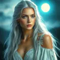 A breathtaking portrait of Lúthien Tinúviel, the Elf-maiden, bathed in the ethereal glow of moonlight. Her flowing silver hair cascades down her back, and her eyes sparkle with an otherworldly beauty. She is adorned in a flowing white gown, embroidered with delicate silver flowers, and her face is serene and ethereal.