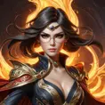 A hyperrealistic portrait of Bayonetta, her eyes glowing with power, standing triumphantly amidst a fiery inferno, her hair flowing like molten lava, intricate details of her outfit, cinematic lighting, in the style of Alphonse Mucha