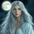 A breathtaking portrait of Lúthien Tinúviel, the Elf-maiden, bathed in the ethereal glow of moonlight. Her flowing silver hair cascades down her back, and her eyes sparkle with an otherworldly beauty. She is adorned in a flowing white gown, embroidered with delicate silver flowers, and her face is serene and ethereal.