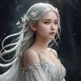 A breathtaking portrait of Lúthien Tinúviel, the Elf-maiden, bathed in the ethereal glow of moonlight. Her flowing silver hair cascades down her back, and her eyes sparkle with an otherworldly beauty. She is adorned in a flowing white gown, embroidered with delicate silver flowers, and her face is serene and ethereal.