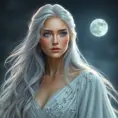 A breathtaking portrait of Lúthien Tinúviel, the Elf-maiden, bathed in the ethereal glow of moonlight. Her flowing silver hair cascades down her back, and her eyes sparkle with an otherworldly beauty. She is adorned in a flowing white gown, embroidered with delicate silver flowers, and her face is serene and ethereal.