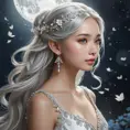 A breathtaking portrait of Lúthien Tinúviel, the Elf-maiden, bathed in the ethereal glow of moonlight. Her flowing silver hair cascades down her back, and her eyes sparkle with an otherworldly beauty. She is adorned in a flowing white gown, embroidered with delicate silver flowers, and her face is serene and ethereal.