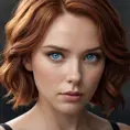 A close-up portrait of Natasha Romanoff, Black Widow, with a soft, melancholic expression. Her red hair is pulled back, revealing her strong features and piercing blue eyes. She wears a simple black dress, highlighting her vulnerability and inner strength. The lighting is soft and intimate, creating a sense of mystery and intrigue.