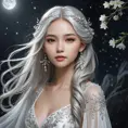 A breathtaking portrait of Lúthien Tinúviel, the Elf-maiden, bathed in the ethereal glow of moonlight. Her flowing silver hair cascades down her back, and her eyes sparkle with an otherworldly beauty. She is adorned in a flowing white gown, embroidered with delicate silver flowers, and her face is serene and ethereal.