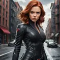 Natasha Romanoff, Black Widow, in a dramatic pose, her red hair flowing, eyes sharp and focused. She wears a sleek, black leather suit with a red accent, highlighting her strength and agility. The background is a gritty urban landscape, reflecting her past and present.