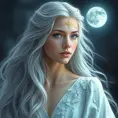 A breathtaking portrait of Lúthien Tinúviel, the Elf-maiden, bathed in the ethereal glow of moonlight. Her flowing silver hair cascades down her back, and her eyes sparkle with an otherworldly beauty. She is adorned in a flowing white gown, embroidered with delicate silver flowers, and her face is serene and ethereal.