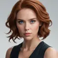 A close-up portrait of Natasha Romanoff, Black Widow, with a soft, melancholic expression. Her red hair is pulled back, revealing her strong features and piercing blue eyes. She wears a simple black dress, highlighting her vulnerability and inner strength. The lighting is soft and intimate, creating a sense of mystery and intrigue.