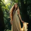 Lúthien Tinúviel, the Elf-maiden, standing amongst a grove of ancient trees. Sunlight filters through the leaves, casting dappled shadows on the forest floor. Her beauty is otherworldly, and her eyes hold a wisdom that belies her youth. She is dressed in a flowing gown, adorned with delicate flowers, and her hair flows freely in the gentle breeze.