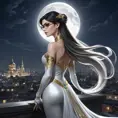 Bayonetta, ethereal and graceful, bathed in moonlight, her hair cascading down her back, a shimmering halo around her head, standing on a moonlit rooftop overlooking a sprawling cityscape, soft, dreamlike lighting, highly detailed, intricate