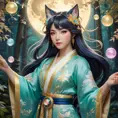 Ahri, League of Legends, ethereal beauty, flowing silk kimono, intricate gold embroidery, moonlit forest, glowing orbs of magic swirling around her, soft pastel colors, art nouveau style, delicate linework, serene expression, magical realism