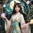 Ahri, League of Legends, ethereal beauty, flowing silk kimono, intricate gold embroidery, moonlit forest, glowing orbs of magic swirling around her, soft pastel colors, art nouveau style, delicate linework, serene expression, magical realism