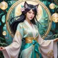 Ahri, League of Legends, ethereal beauty, flowing silk kimono, intricate gold embroidery, moonlit forest, glowing orbs of magic swirling around her, soft pastel colors, art nouveau style, delicate linework, serene expression, magical realism