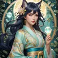 Ahri, League of Legends, ethereal beauty, flowing silk kimono, intricate gold embroidery, moonlit forest, glowing orbs of magic swirling around her, soft pastel colors, art nouveau style, delicate linework, serene expression, magical realism