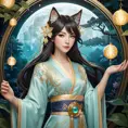 Ahri, League of Legends, ethereal beauty, flowing silk kimono, intricate gold embroidery, moonlit forest, glowing orbs of magic swirling around her, soft pastel colors, art nouveau style, delicate linework, serene expression, magical realism