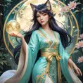 Ahri, League of Legends, ethereal beauty, flowing silk kimono, intricate gold embroidery, moonlit forest, glowing orbs of magic swirling around her, soft pastel colors, art nouveau style, delicate linework, serene expression, magical realism